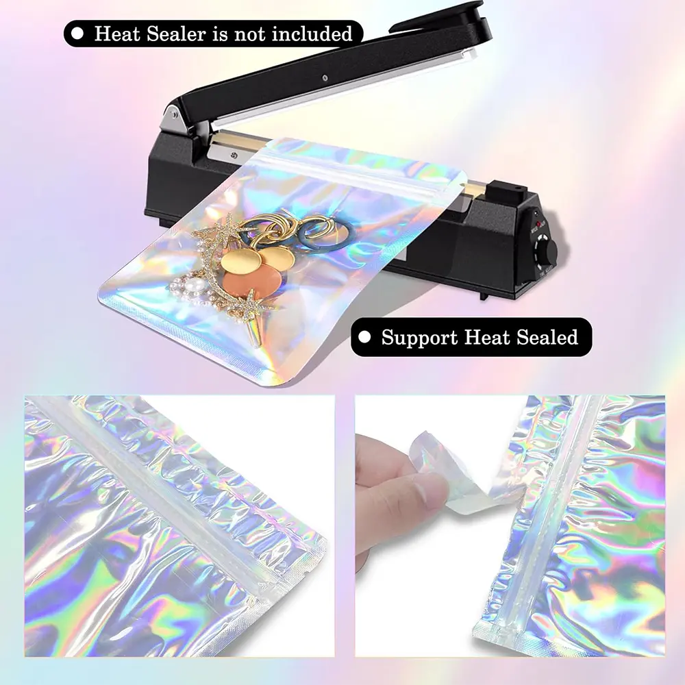 100pc Holographic Resealable Mylar Bags Ziplock Candy Suger Tee Jewelry Beauty Storage Pouches For Party Favor Home Organization
