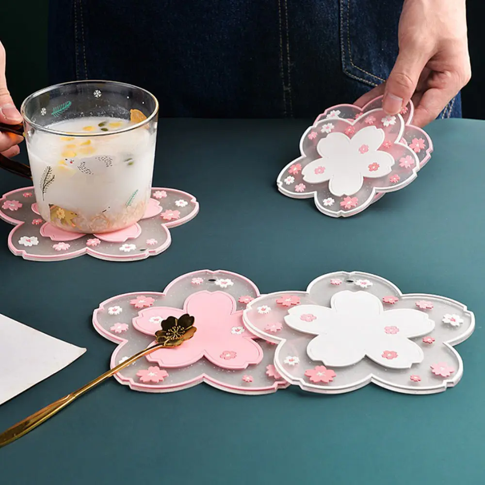 Cherry Blossom Silicone Cup Coaster Non-Slip Heat Insulation Mat for Coffee Tea Mug Cute Desktop Decorate Kitchen Table Placemat