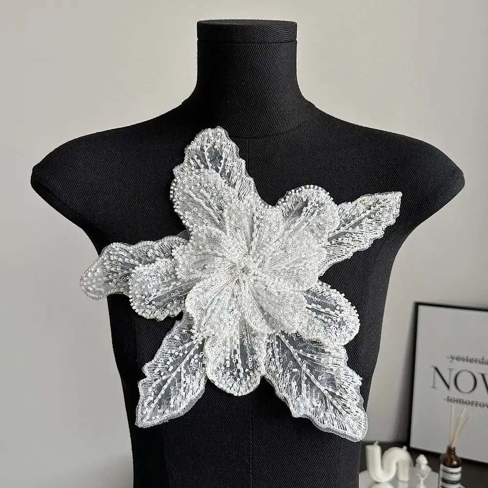 28x30cm Large 3D Embroidery Sequin Flower Sew on Patches Crystal Studded For Wedding Dress Headwear DIY Tulle Fabric Accessories