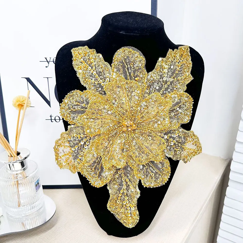 28x30cm Large 3D Embroidery Sequin Flower Sew on Patches Crystal Studded For Wedding Dress Headwear DIY Tulle Fabric Accessories