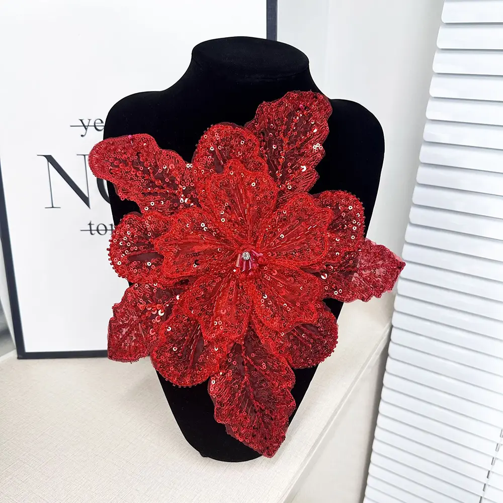 28x30cm Large 3D Embroidery Sequin Flower Sew on Patches Crystal Studded For Wedding Dress Headwear DIY Tulle Fabric Accessories