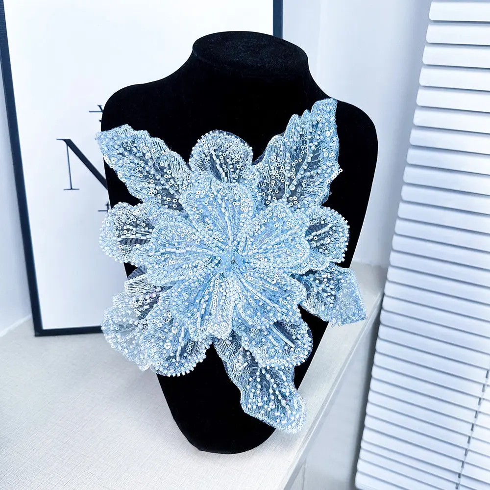 28x30cm Large 3D Embroidery Sequin Flower Sew on Patches Crystal Studded For Wedding Dress Headwear DIY Tulle Fabric Accessories