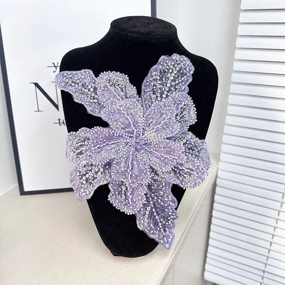 28x30cm Large 3D Embroidery Sequin Flower Sew on Patches Crystal Studded For Wedding Dress Headwear DIY Tulle Fabric Accessories