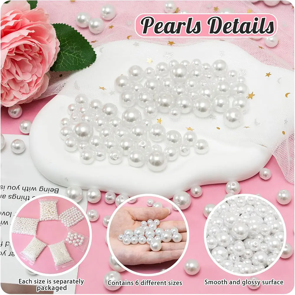 MixSize 3/4/6/8/10mm Acrylic Resin Pearl Spacer Beads with Hole DIY Jewelry Making Kit for Necklace Bracelet Summer Craft Projec