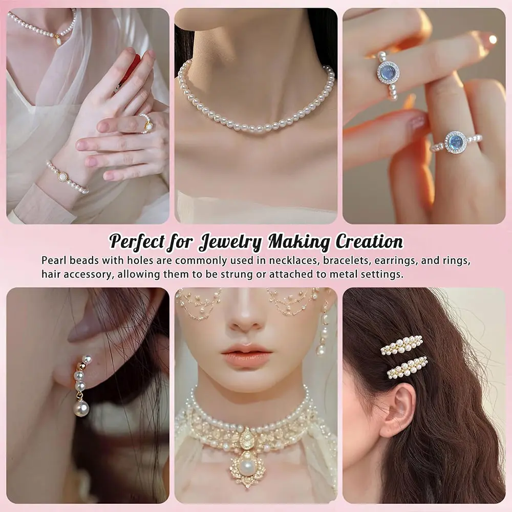 MixSize 3/4/6/8/10mm Acrylic Resin Pearl Spacer Beads with Hole DIY Jewelry Making Kit for Necklace Bracelet Summer Craft Projec
