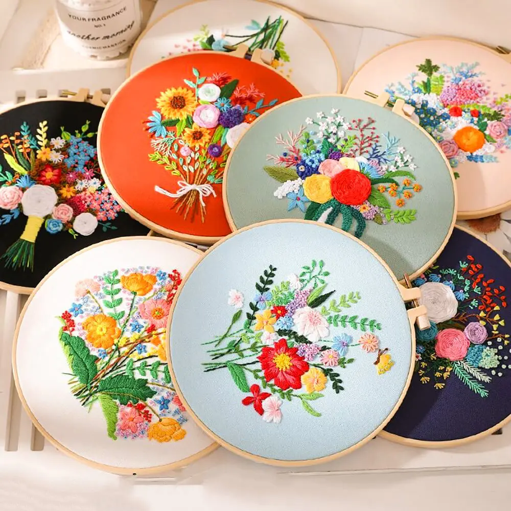 DIY Embroidery Material Kit Floral Pattern Printed Simple Cross Stitch Punch Needle Set Handwork Needlework Craft Painting Decor