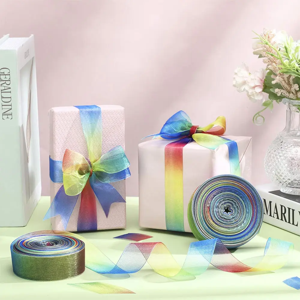 10 Yards 25 mm Ombre Shimmery Organza Ribbon for Hair Bows DIY Rainbow Craft Gift Wrapping Scrapbooking & Baby Shower Decoration