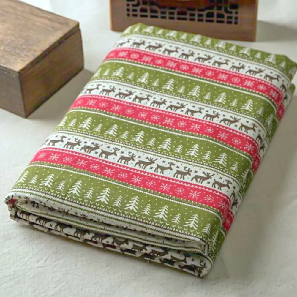 90x145CM Christmas Fabric By Yard Traditional Reindeer Snowflake Border Pattern Cotton Linen Craft Sewing Xmas Series Supplies