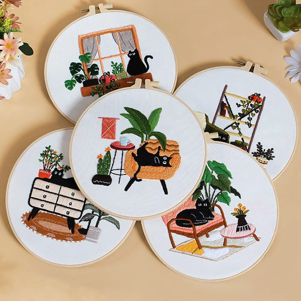 DIY Embroidery Needlework Kit Tool For Beginners Home Sewing Handcraft Embroidered Set Dynamic Black Cat Pattern Wall Decoration