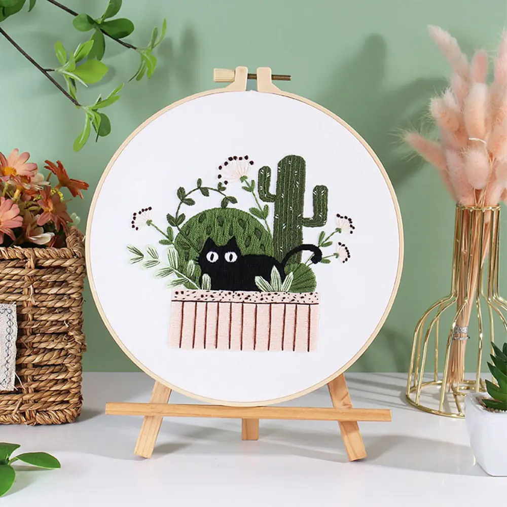 DIY Embroidery Needlework Kit Tool For Beginners Home Sewing Handcraft Embroidered Set Dynamic Black Cat Pattern Wall Decoration