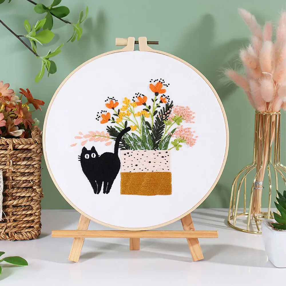 DIY Embroidery Needlework Kit Tool For Beginners Home Sewing Handcraft Embroidered Set Dynamic Black Cat Pattern Wall Decoration