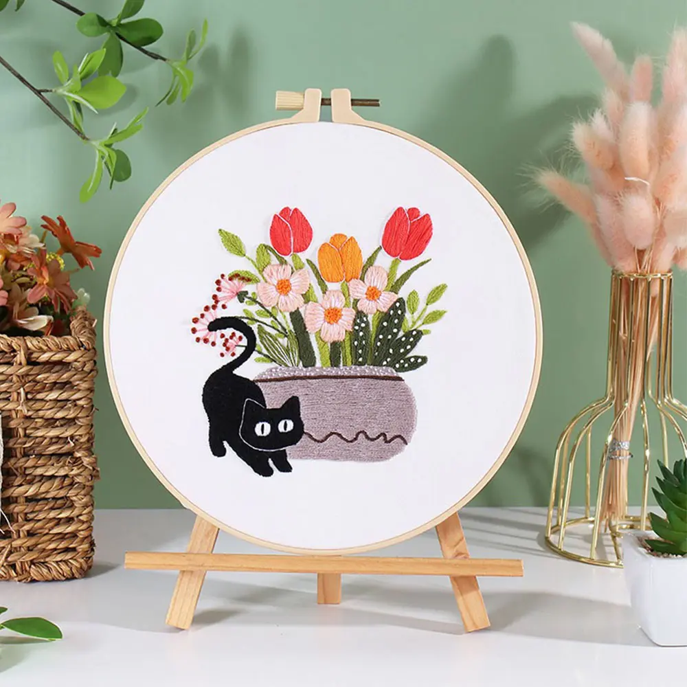 DIY Embroidery Needlework Kit Tool For Beginners Home Sewing Handcraft Embroidered Set Dynamic Black Cat Pattern Wall Decoration