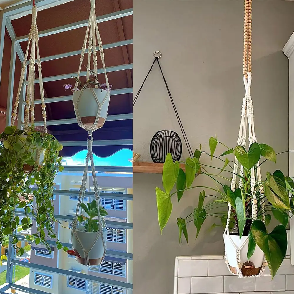 Gardening Green Plant Hanging Basket Cotton Rope Hanger Flower Pot Handmade Macrame Pots Pocket Wall Boho Courtyard Home Decor
