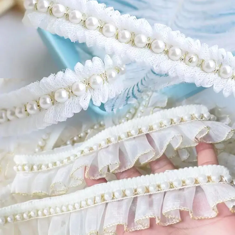 1 Yard White Mesh Pleated Pearl Fabric Glitter Beaded Fringe Lace Edge Trim Garment Collar Ribbon Wedding Dress Applique Decor
