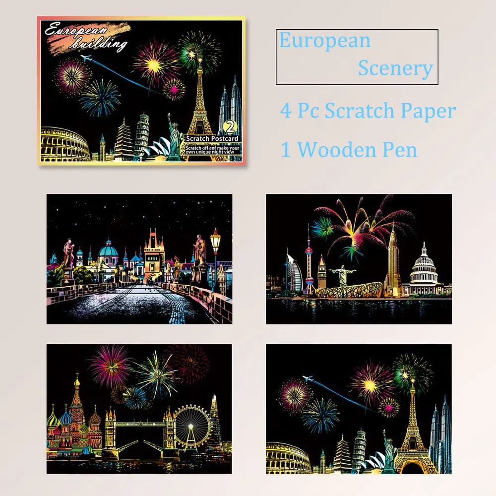20*14cm DIY Night Scene Painting Scratch Colorful Drawing World Attractions Series For Child Adult Decompression Gift Home Decor