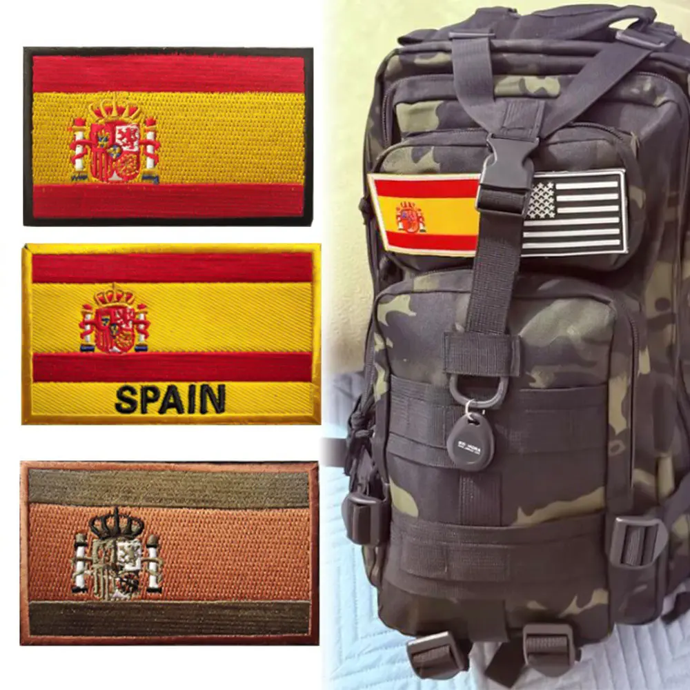 Spain Flag Hook Loop Patch Custom Multicolor Embroidery Morale Badge Sticker for Military Outdoor Tactic Backpack Helmet Armband