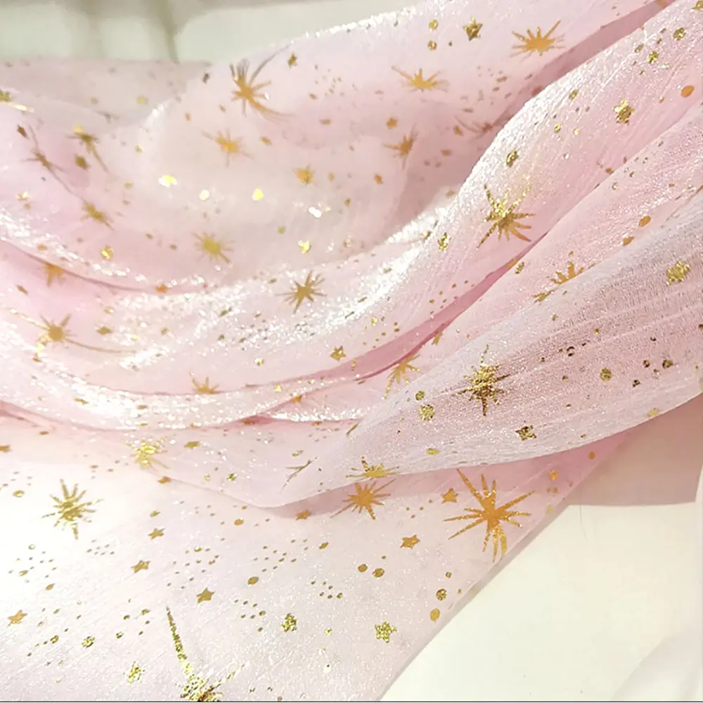Glitter Shiny Bronzing Star Moon Organza Fabric Gilded Crepe Tulle DIY Sewing Crafts Wedding Birthday Party Backdrop Decoration