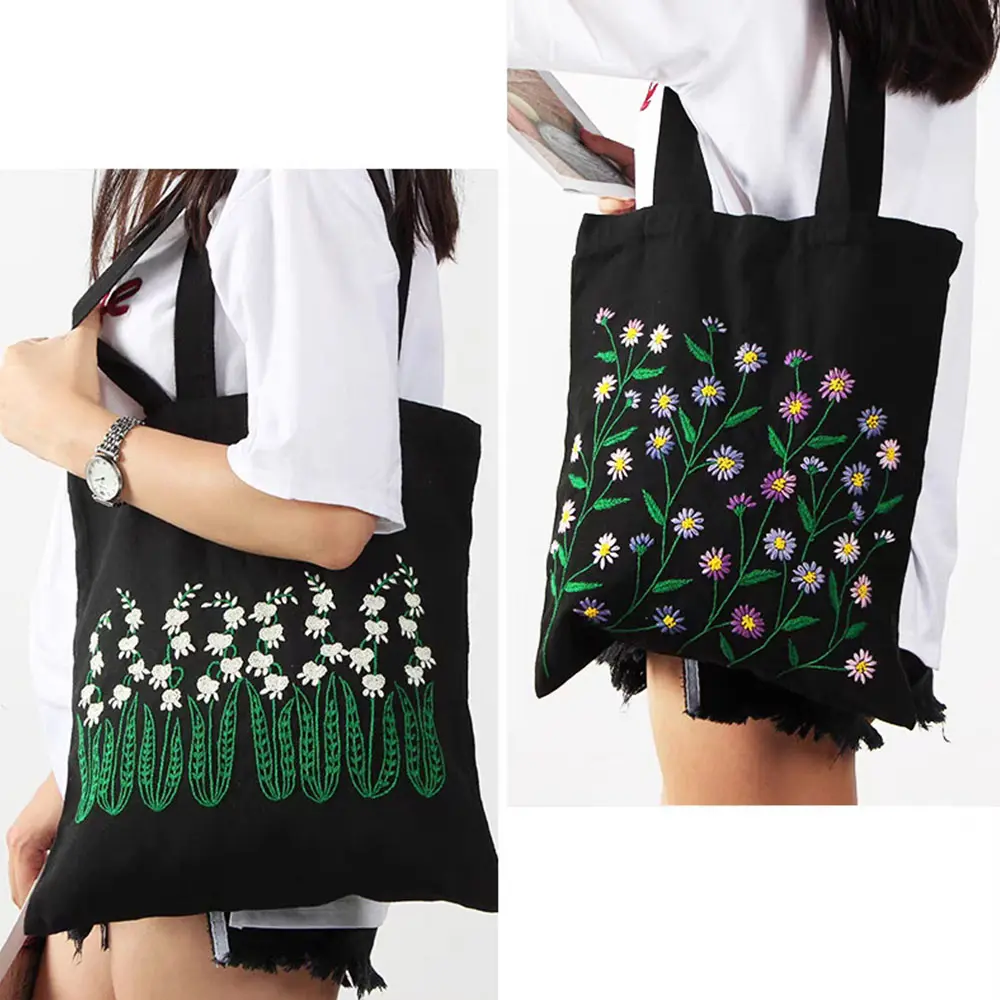 1Set DIY Embroidery Cross Stitch Kit Needlepoint Flowers Black Canvas Reusable Woman's Shopping Bag Handicraft Sewing Materials