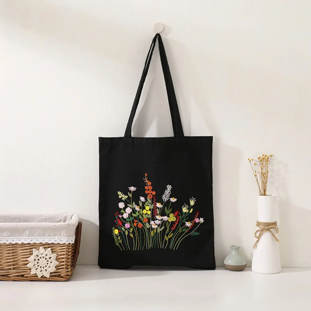 1Set DIY Embroidery Cross Stitch Kit Needlepoint Flowers Black Canvas Reusable Woman's Shopping Bag Handicraft Sewing Materials