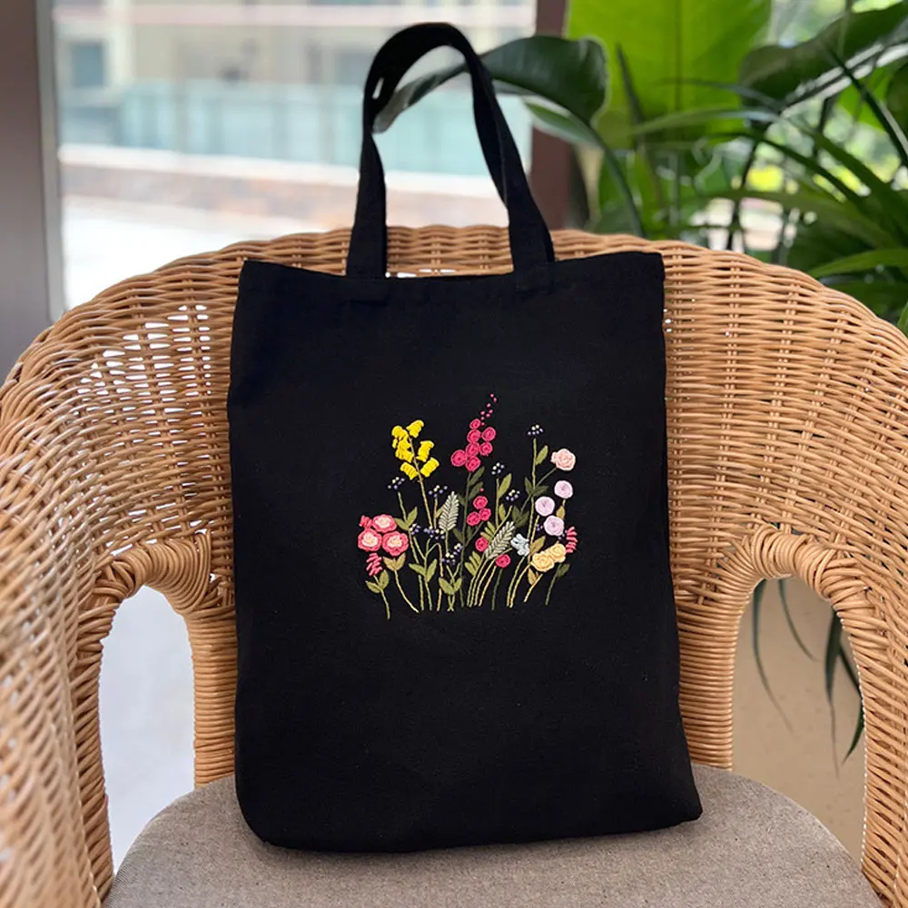 1Set DIY Embroidery Cross Stitch Kit Needlepoint Flowers Black Canvas Reusable Woman's Shopping Bag Handicraft Sewing Materials