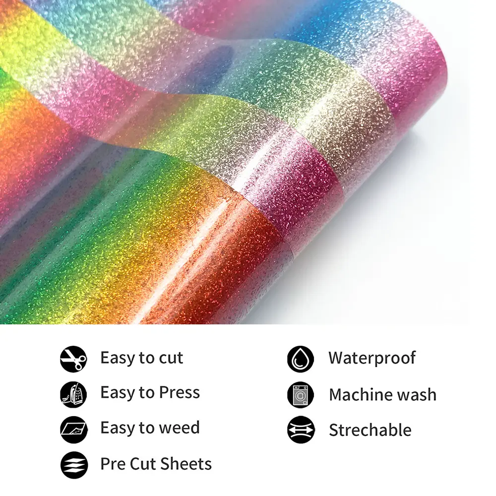 Heat Transfer Vinyl HTV Craft Rainbow Glitter Iron-on Transfer Garment Clothing T-Shirt Decoration for cut Silhouette Cameo