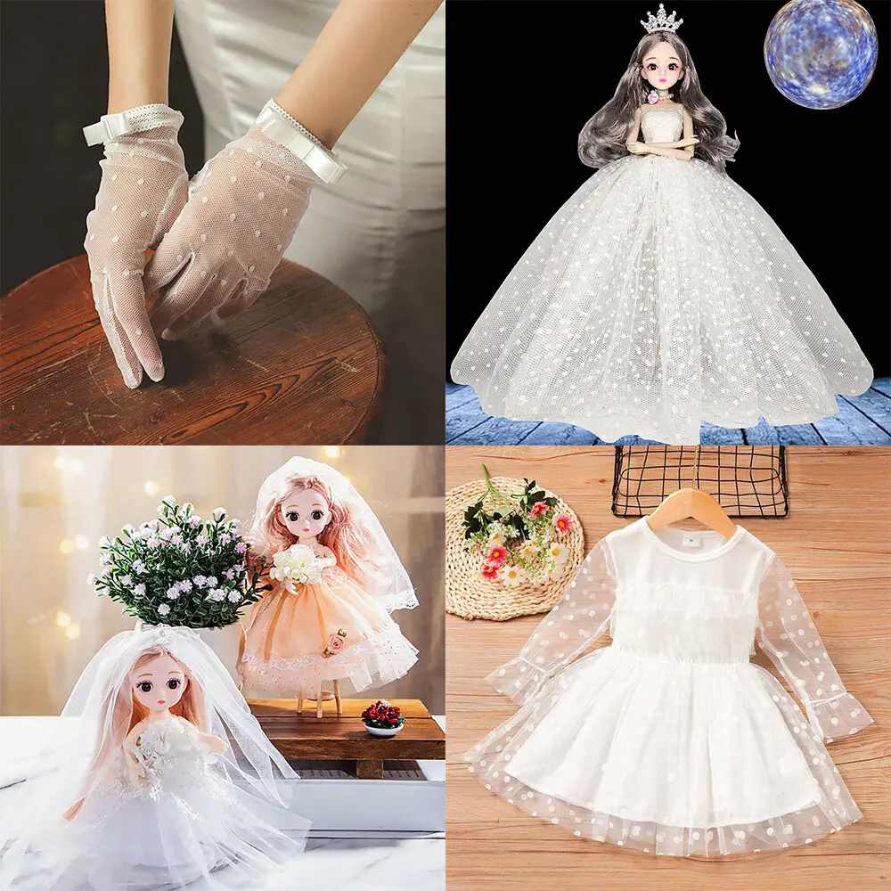 Flocked Polka Dot Tulle Fabric White & Khaki Polyester Stretch 155cm Width for Puff Skirt Clothes Sewing DIY Wedding Decoration