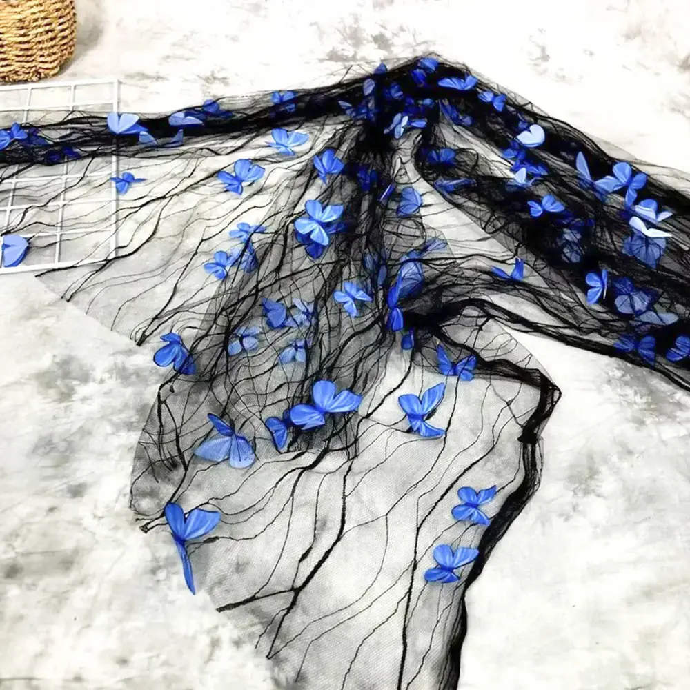 High Quality Black Transparent Blue 3D Butterfly Flower Lace Mesh Fabric Wedding Dress Fashion Costume Designer Embroidery Tulle