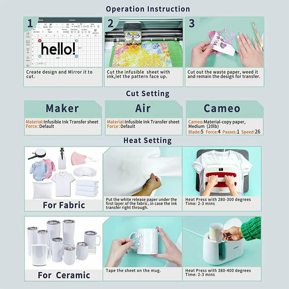 Infusible Transfer Ink Sheets 7pcs 10"x12" Solid Color Sublimation Transfer Paper for Cut Mug Press for DIY Tshirts Tote Bags