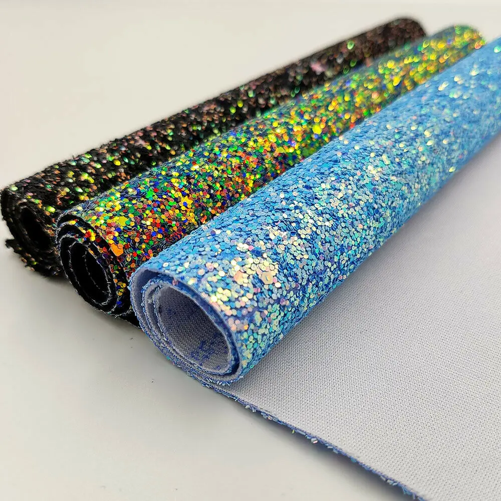 20*120CM Roll Ultra Chunky Sparkly Glitter PU Leather Sweing Fabric Hologram Iridescent Vinyl Hair Bow DIY Craft Material