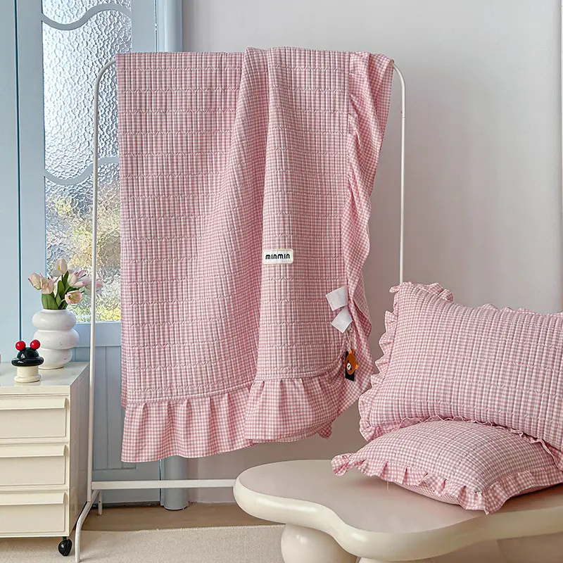 1/3pc Quilted Bedspread or Knitted Cotton Bed Cover Set,Fresh Grid Patchwork,Purple Mattress Topper Sheet cama solteiro 250*270