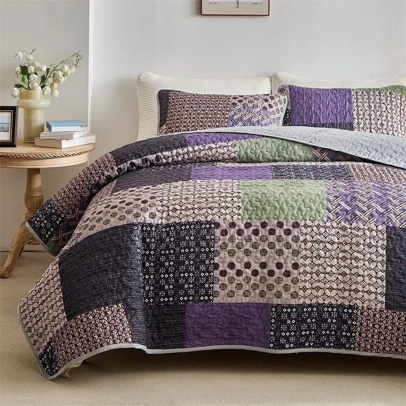 Quilted Bedspread Set,Soft Microfibe Bed Cover+Pillowcase,American Flower Patchwork,Mattress Topper Sheet King cama solteiro