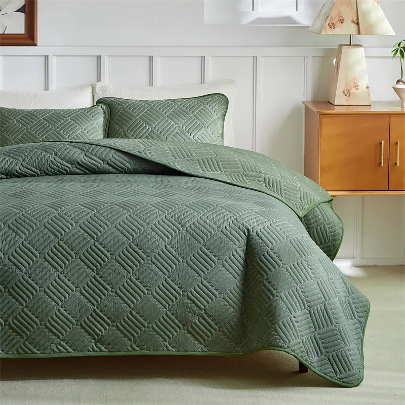 New Solid Quilted Bedspread Set Diamond Grid Pattern Soft Polyester Thick Bed Cover+Pillowcase Plain Super King 264*230cm 3pcs