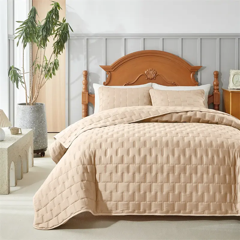 Solid Color Quilted Grid Bedspread Set,Soft Polyester Bed Cover+Pillowcase,Grey Beige Plain Twin Full King 264*230cm 3pcs/set