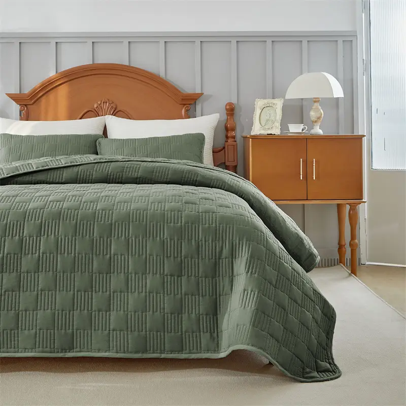 Solid Color Quilted Grid Bedspread Set,Soft Polyester Bed Cover+Pillowcase,Grey Beige Plain Twin Full King 264*230cm 3pcs/set