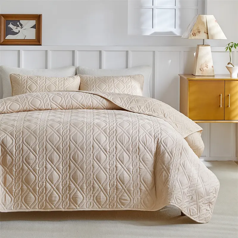 New Solid Quilted Bedspread Set Diamond Grid Pattern Soft Polyester Thick Bed Cover+Pillowcase Plain Super King 264*230cm 3pcs