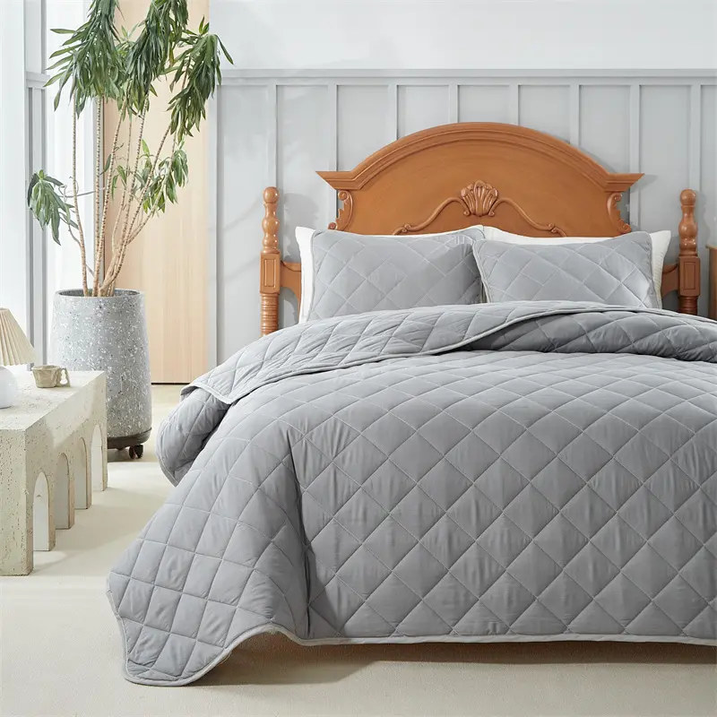Solid Color Quilted Grid Bedspread Set,Soft Polyester Bed Cover+Pillowcase,Grey Beige Plain Twin Full King 264*230cm 3pcs/set
