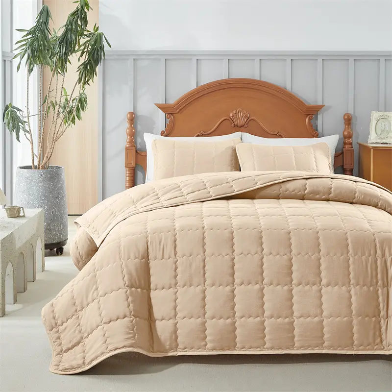 Solid Color Quilted Grid Bedspread Set,Soft Polyester Bed Cover+Pillowcase,Grey Beige Plain Twin Full King 264*230cm 3pcs/set