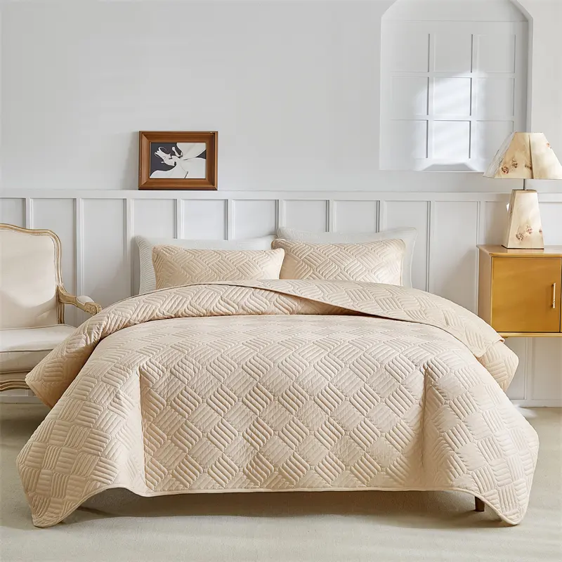New Solid Quilted Bedspread Set Diamond Grid Pattern Soft Polyester Thick Bed Cover+Pillowcase Plain Super King 264*230cm 3pcs