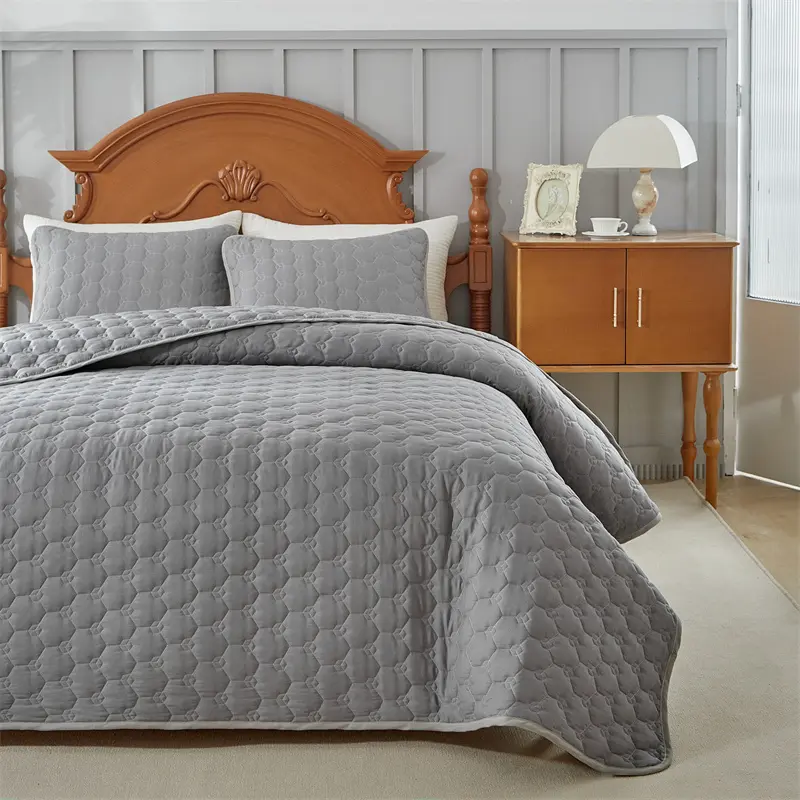 Solid Color Quilted Grid Bedspread Set,Soft Polyester Bed Cover+Pillowcase,Grey Beige Plain Twin Full King 264*230cm 3pcs/set