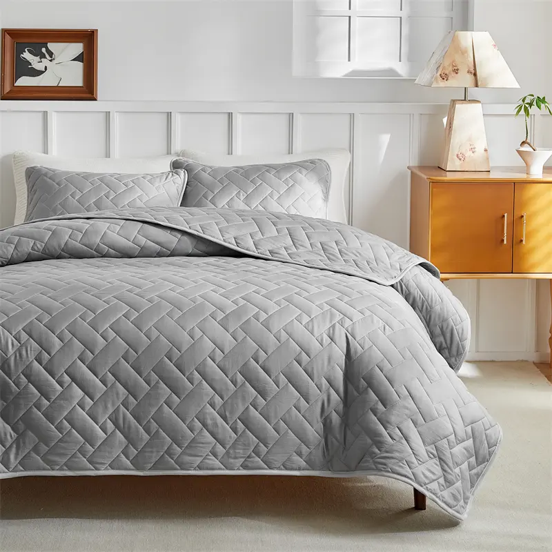 New Solid Quilted Bedspread Set Diamond Grid Pattern Soft Polyester Thick Bed Cover+Pillowcase Plain Super King 264*230cm 3pcs