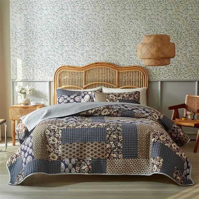 3pcs Quilted Bedspread Set,American Style Bed Cover+Pillowcase,Floral Patchwork,Mattress Topper Sheet Blanket 203*229 King Home