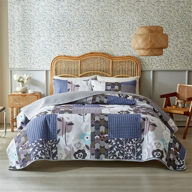 3pcs Quilted Bedspread Set,American Style Bed Cover+Pillowcase,Floral Patchwork,Mattress Topper Sheet Blanket 203*229 King Home