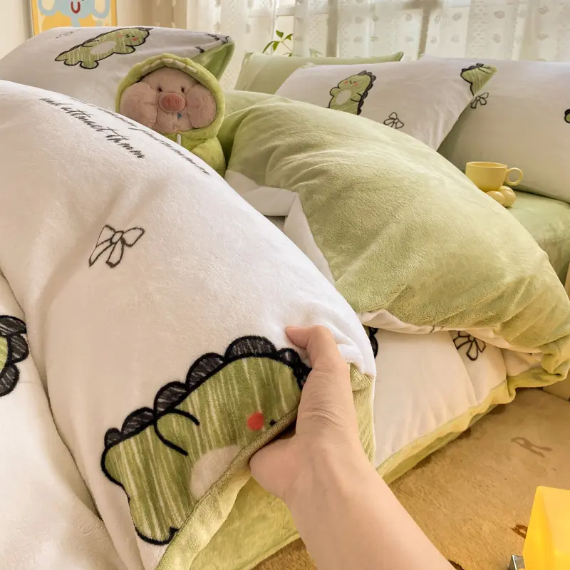 1Pc Winter Milk Velvet Duvet Cover Rose Cute Animal Printed Comforter Bag Flannel Dinosaur Quilt Covers For Kids Adult King Gift