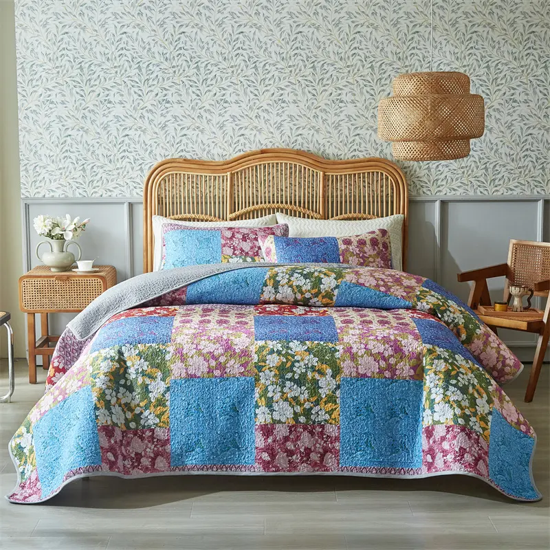 3pcs Quilted Bedspread Set,American Style Bed Cover+Pillowcase,Floral Patchwork,Mattress Topper Sheet Blanket 203*229 King Home