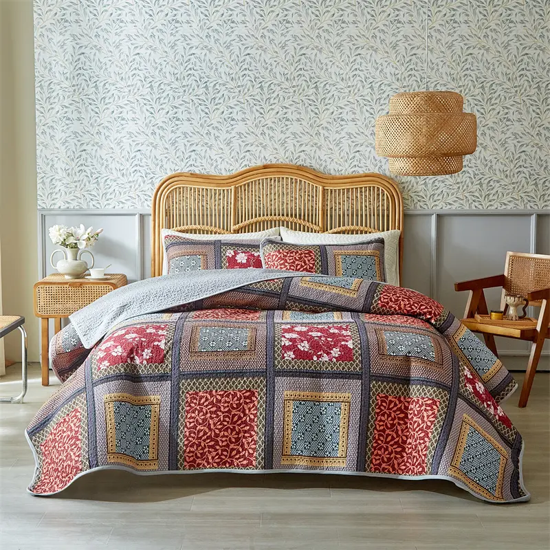 3pcs Quilted Bedspread Set,American Style Bed Cover+Pillowcase,Floral Patchwork,Mattress Topper Sheet Blanket 203*229 King Home