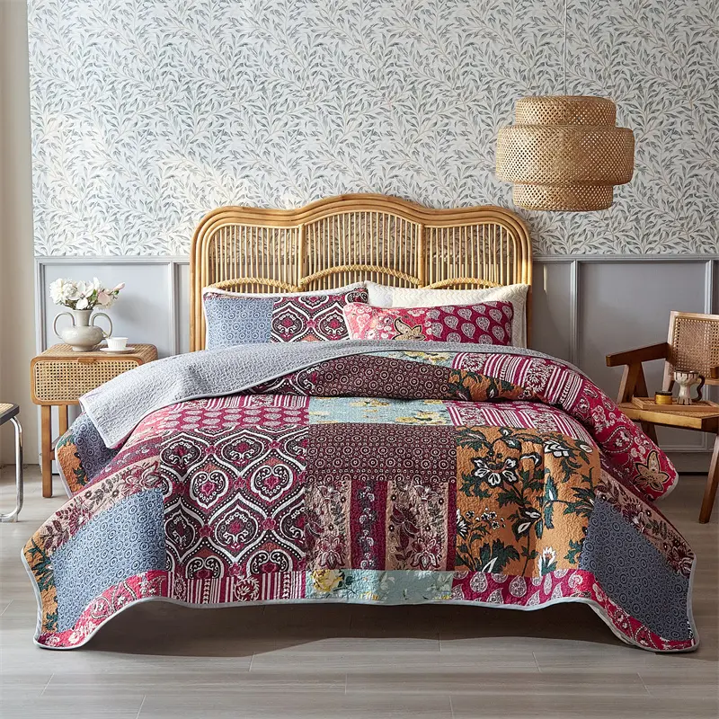 3pcs Quilted Bedspread Set,American Style Bed Cover+Pillowcase,Floral Patchwork,Mattress Topper Sheet Blanket 203*229 King Home