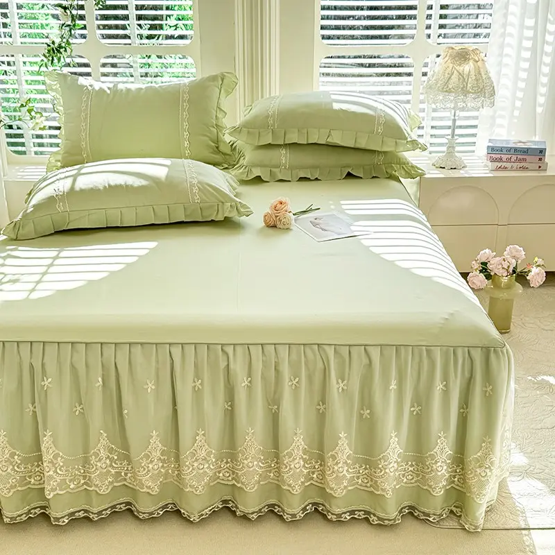 1pc Purple Romantic Bed Skirt,Pure Cotton Mattress Cover with Lace Decor,Solid grey Bed Mattress Protector Decor Home Bedlinens