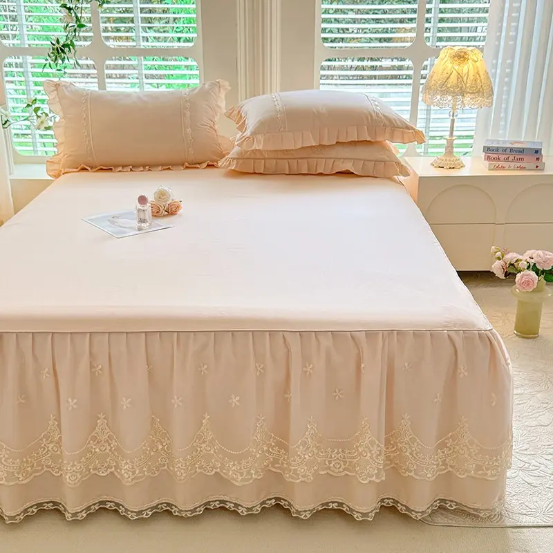1pc Purple Romantic Bed Skirt,Pure Cotton Mattress Cover with Lace Decor,Solid grey Bed Mattress Protector Decor Home Bedlinens