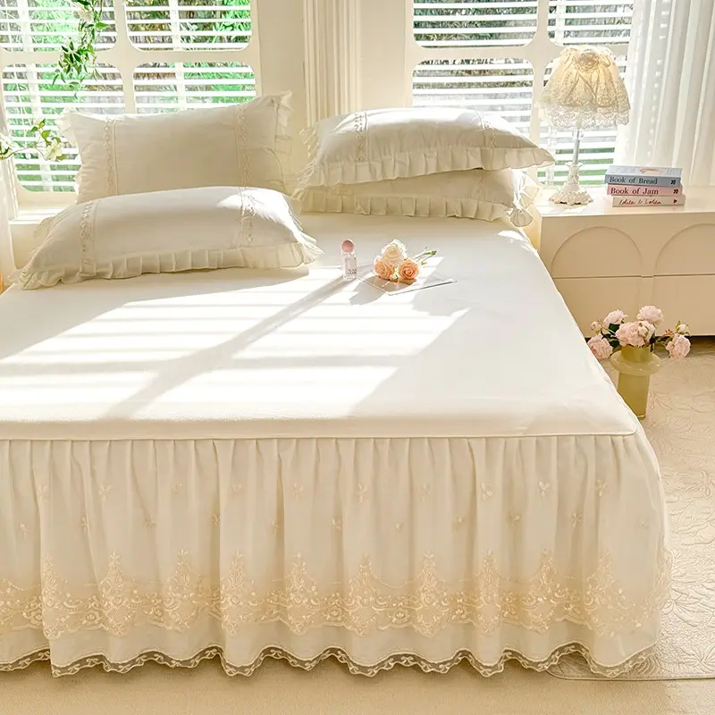 1pc Purple Romantic Bed Skirt,Pure Cotton Mattress Cover with Lace Decor,Solid grey Bed Mattress Protector Decor Home Bedlinens