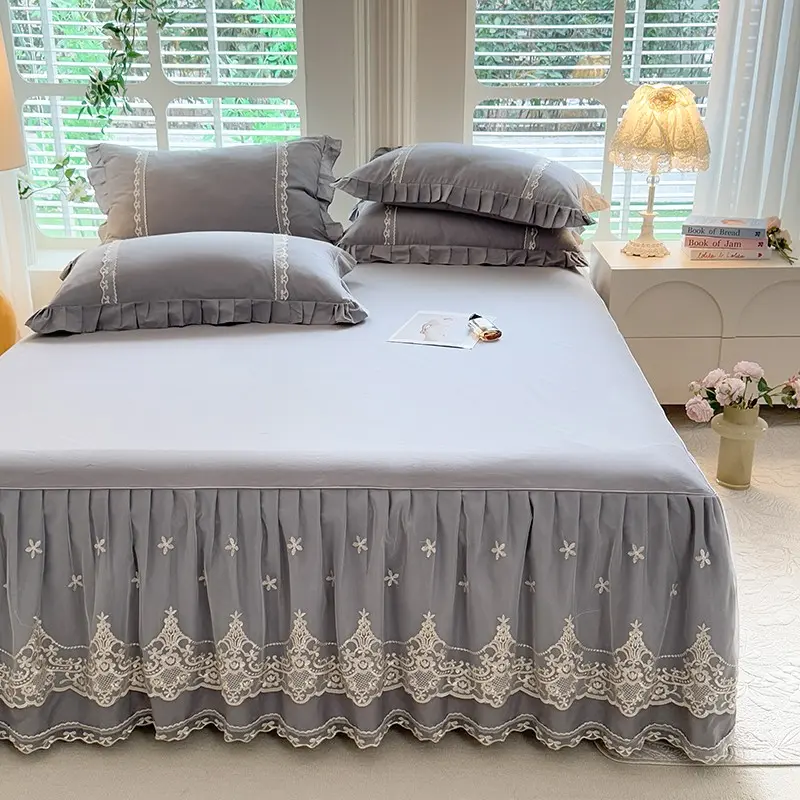 1pc Purple Romantic Bed Skirt,Pure Cotton Mattress Cover with Lace Decor,Solid grey Bed Mattress Protector Decor Home Bedlinens